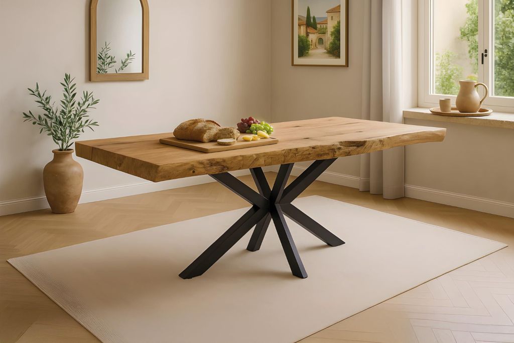 Esstisch Kinan | 250 x 100 cm | Teakholz massiv | echte Baumkante & urwüchsige Struktur | Metallgestell Spider-Form Schwarz | 60 mm Baumkantentisc...