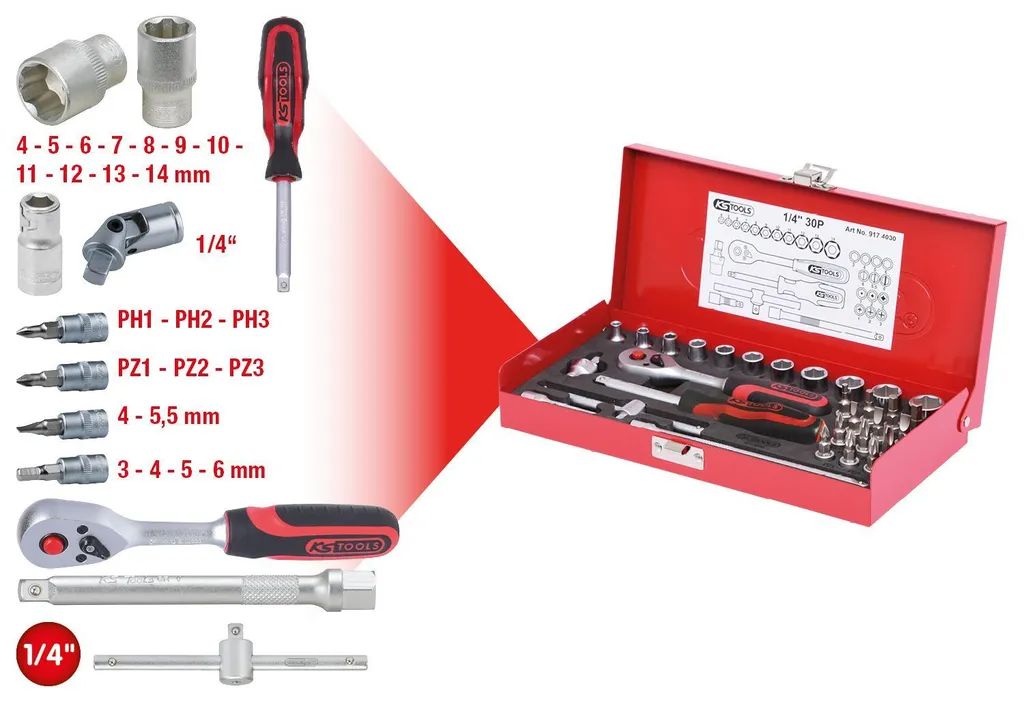 Cliquet 1/4 avec jeu de 30 douilles KS TOOLS pour serrage de précision