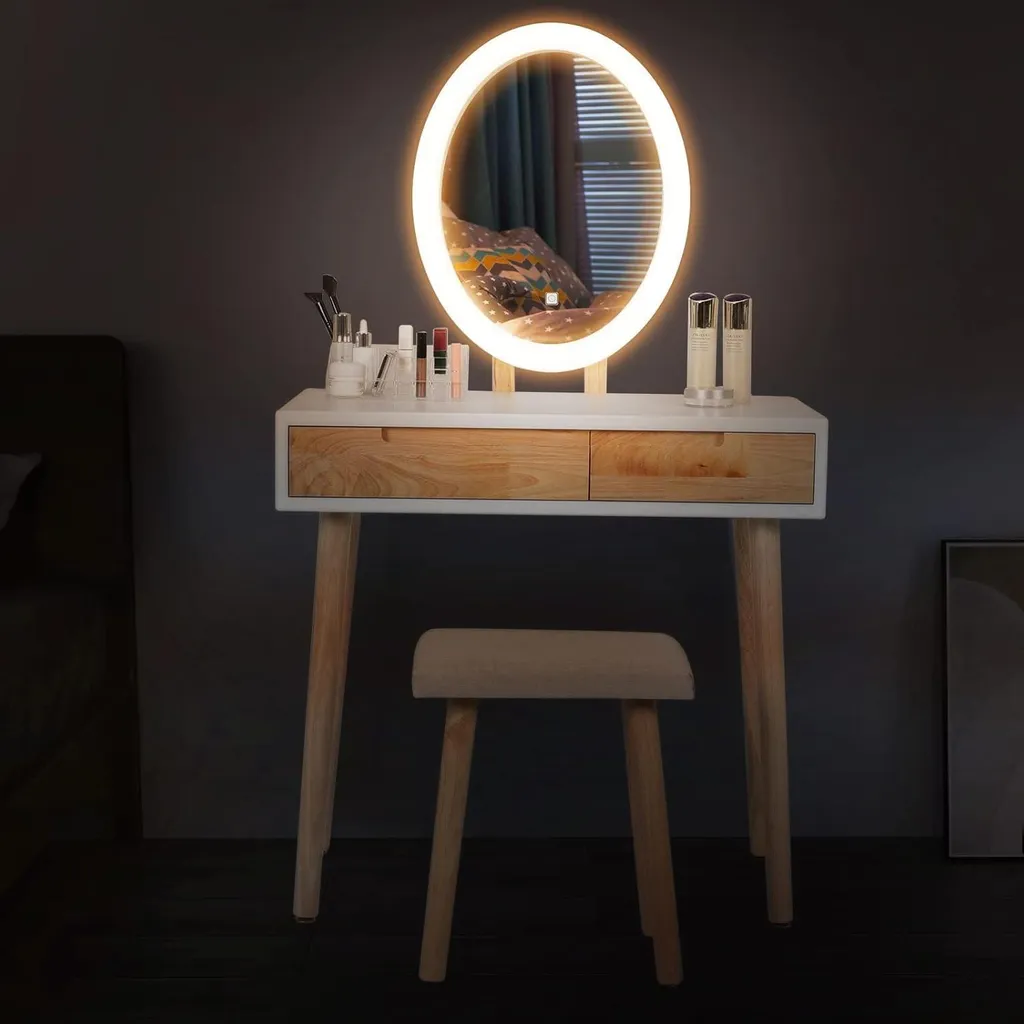 Coiffeuse avec éclairage LED réglable, miroir et 2 tiroirs - Modèle LUNA - 8