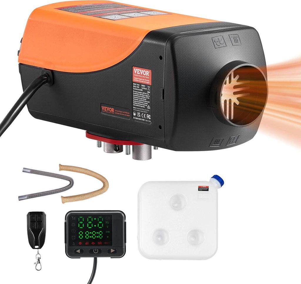 A diesel air heater and its accessories are displayed against a white background.