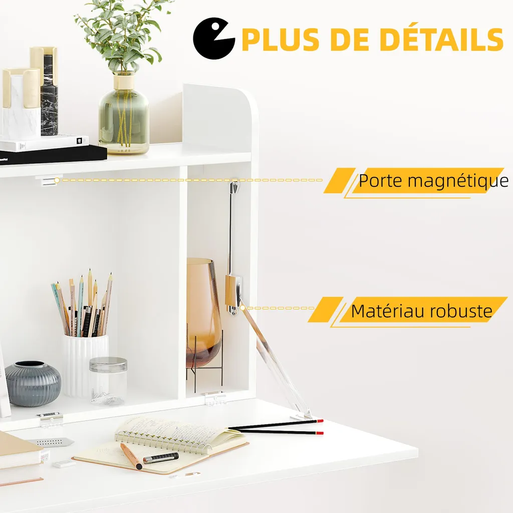 Table d'ordinateur murale escamotable blanche avec tablette de rangement