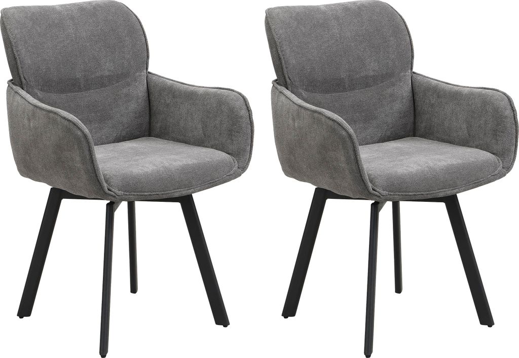 Two gray upholstered chairs with black metal legs are shown against a white background.