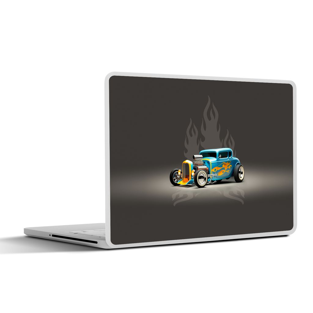 MuchoWow Laptop Aufkleber Sticker Cover Auto - Oldtimer - Flammen - Blau 40x30 cm - Laptop Dekoration - Selbstklebend