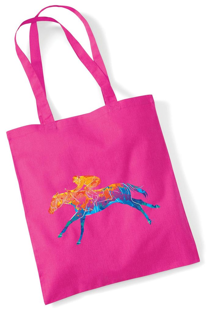 Huuraa Jutebeutel Pferderennen Jockey bunte Silhouette 10 Liter Fuchsia Baumwolle Tasche Geschenkidee