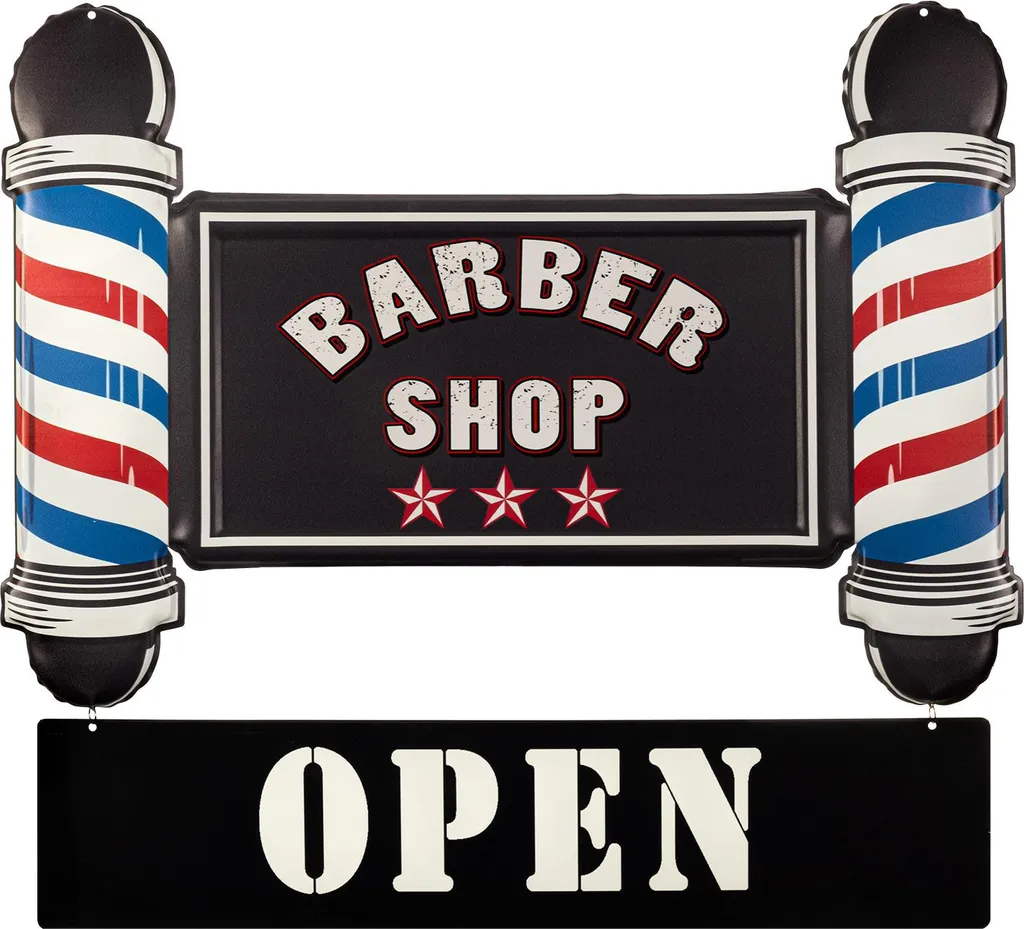 Enseigne Barbier Vintage Plaque Métallique 69x64 cm Déco Murale Rétro Open