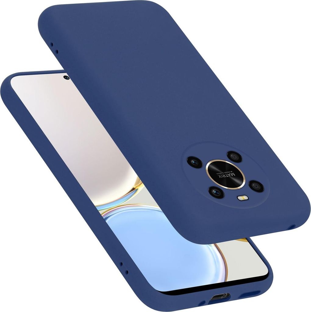 A blue silicone phone case is shown on top of a smartphone.