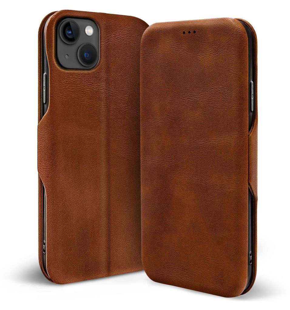 A brown leather flip case for an iPhone 13 Mini is shown from two angles against a white background.