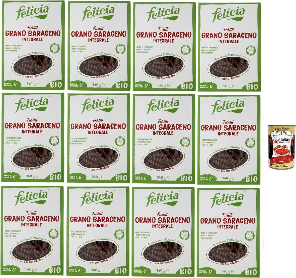 Felicia Fusilli di Grano Saraceno Integrale,Pasta mit 100% Buchweizen, Natürlich Glutenfrei,Packung mit 12x 340g + Italian Gourmet Polpa di Pomodo...