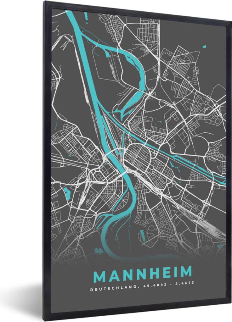 MuchoWow Gerahmtes Poster Deutschland - Blau - Mannheim - Stadtplan - Karte 20x30 cm - Poster mit Schwarzem Bilderrahmen Wandposter Rahmen Foto B...