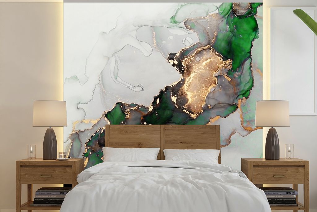 MuchoWow Fototapete für Wohnzimmer oder Schlafzimmer Wandtapete Vinyl Motivtapete Marmor - Gold - Grün - Luxus - 240x240 cm - Schlafzimmer-Tapete