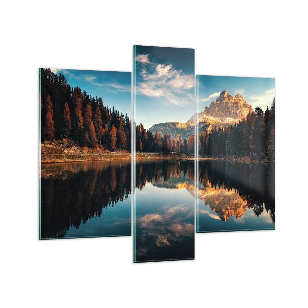 Bilder auf glas - 3 Teile - Spiegelung See Landschaft - 95x80cm - Glasbilder - Wandbilder - Bilder - zum Aufhängen bereit - Wanddekoration aus Gla...