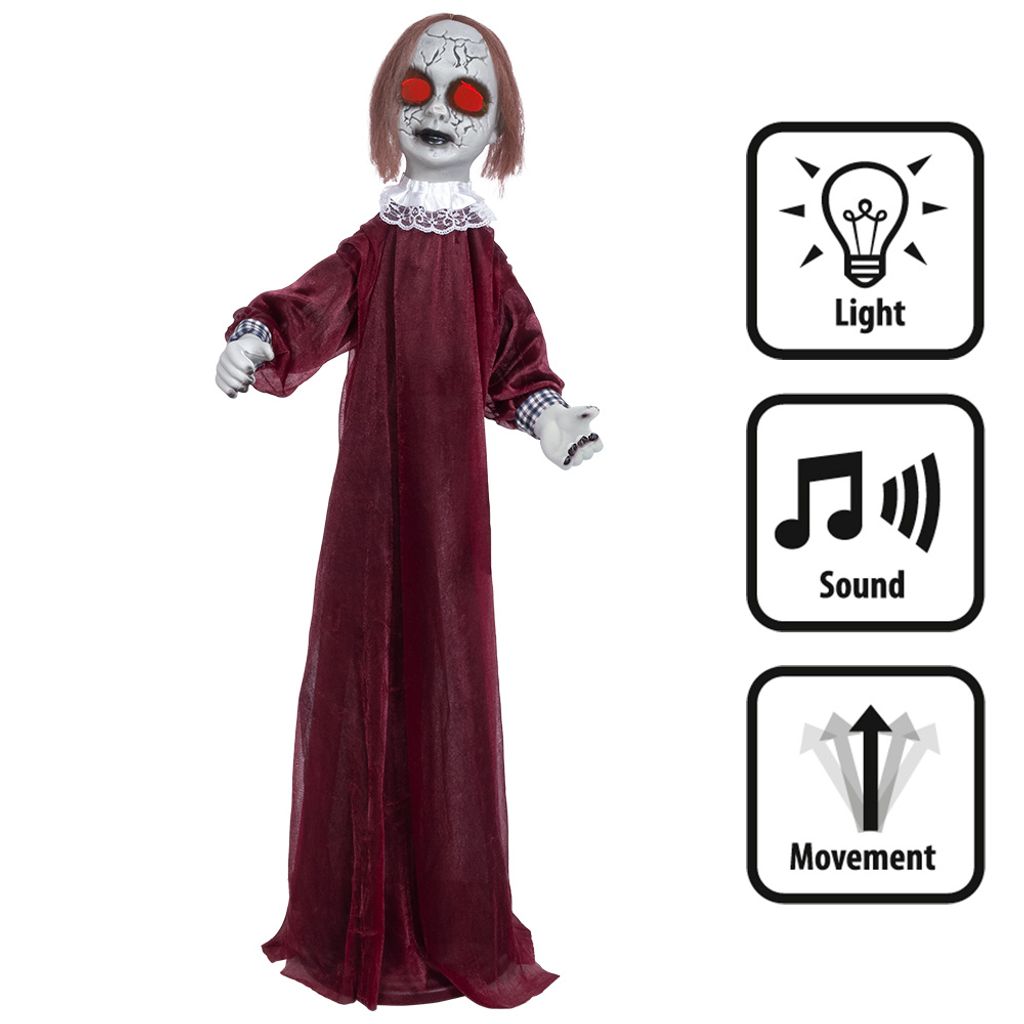 Halloween-Animatronic-Puppe: Lachende Dolly, Geräusche, Bewegung und LED-Augen (90 cm)