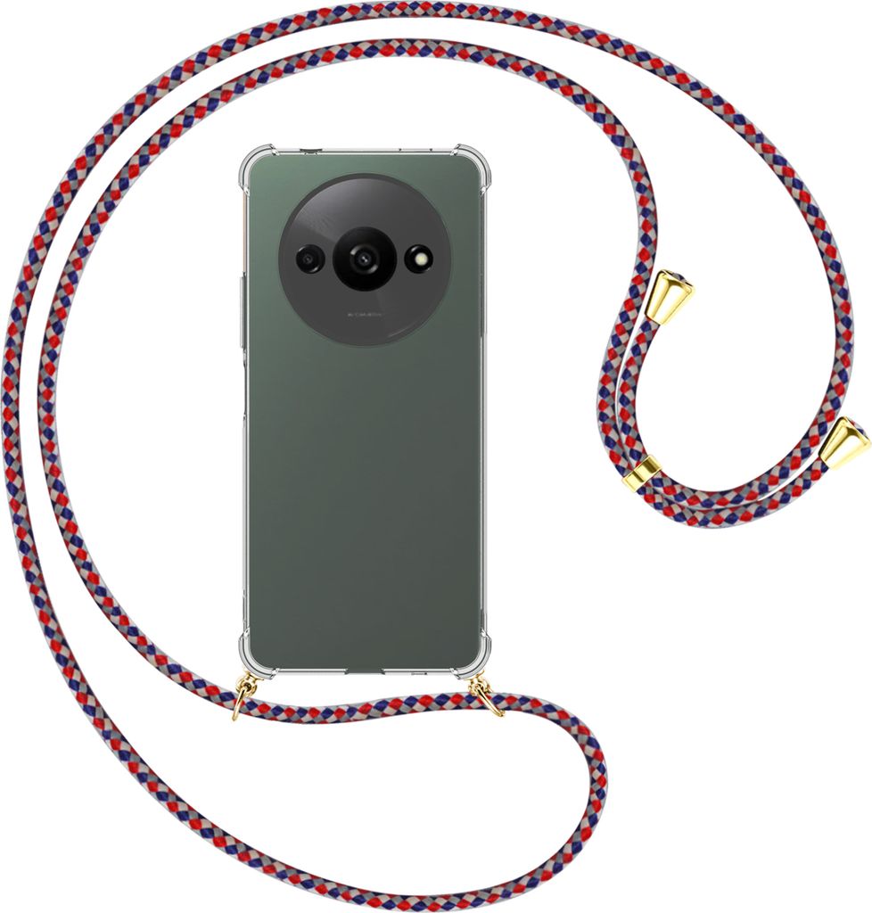 Handykette Backcover-Schutzhülle mit Band (Metall goldfarben) für Xiaomi Redmi A3 - silber/blau/rot