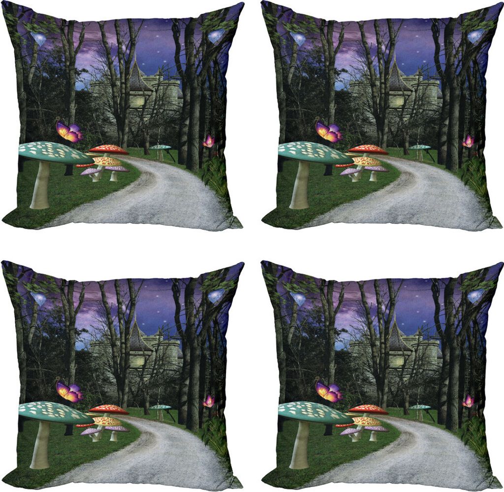 ABAKUHAUS Fantasie Kissenbezug Set (4 Stück), Enchanted Forest Castle, Moderner Doppelseitiger Digitaldruck, 45 cm x 45 cm, Mehrfarbig