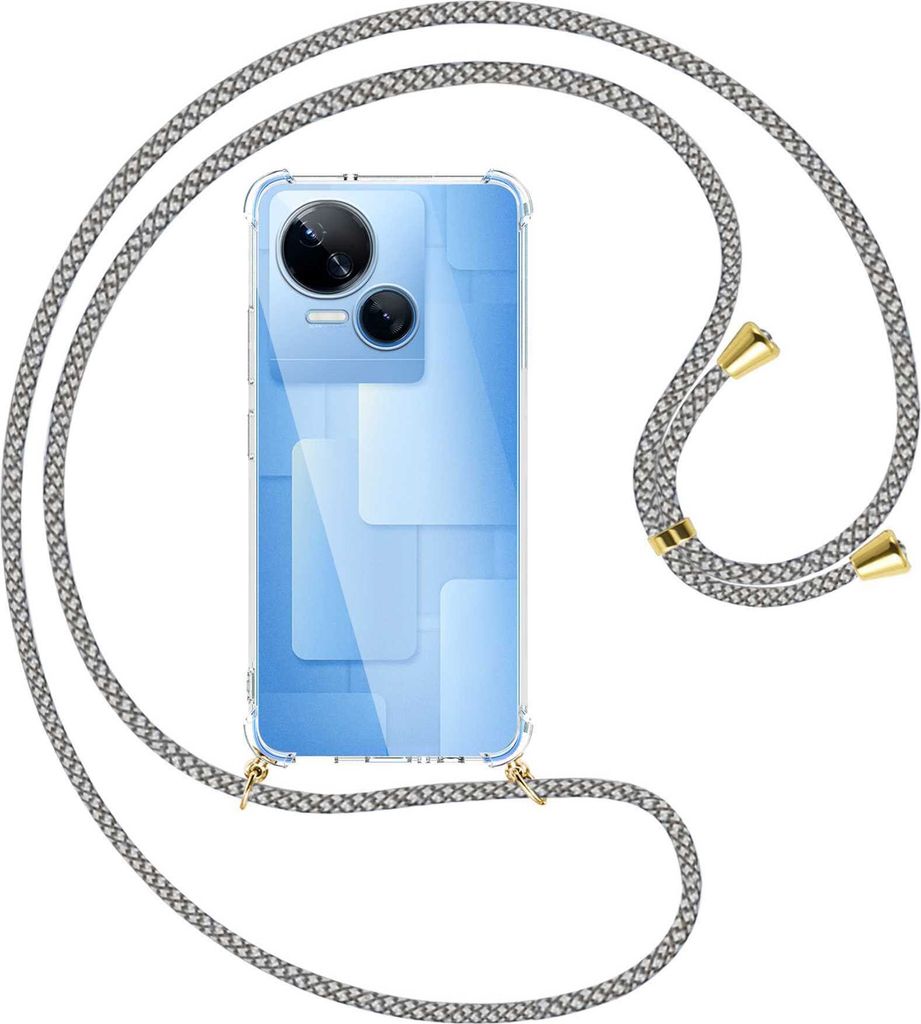Handykette Backcover-Schutzhülle mit Band (Metall goldfarben) für Tecno Spark 10 5G (KI8, 6.6'') - weiß/grau kariert