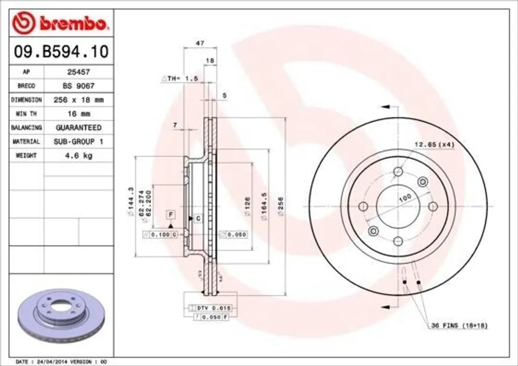 Disque de frein Brembo 09.B594.10 pour stopper les vibrations i20 PB
