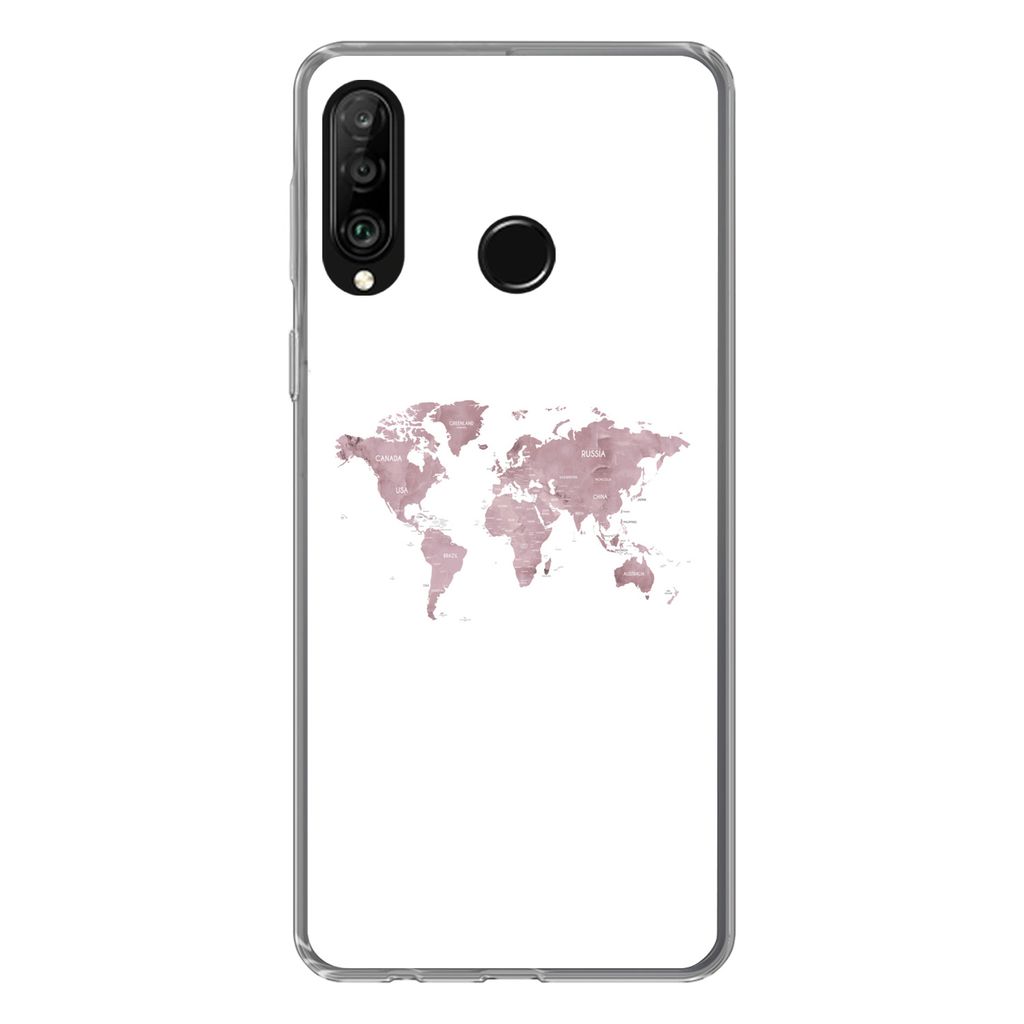 MuchoWow Handyhülle Schutzhülle Hülle für Huawei P30 Lite Weltkarte - Rosa - Weiß Silikon Softcase Handy Hülle - Handyhülle