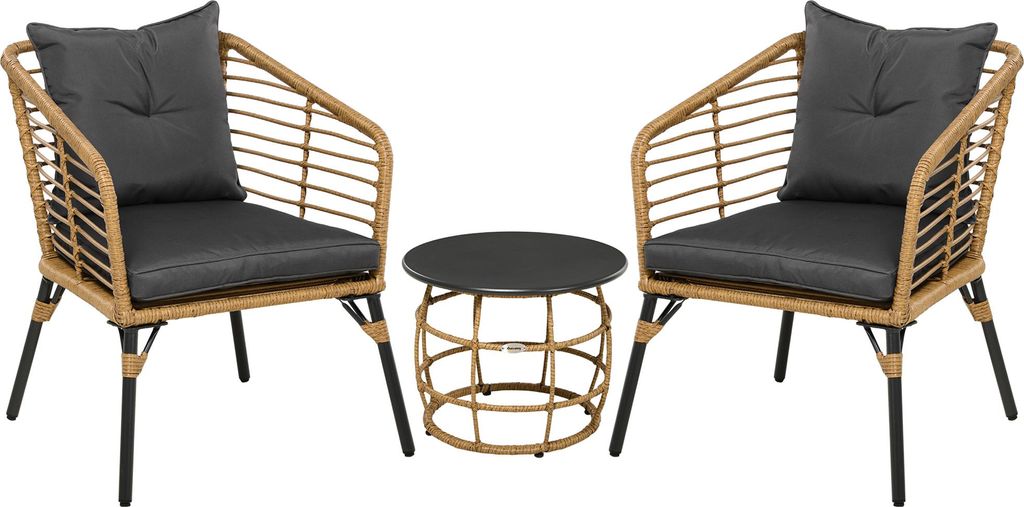 Fortuna Lai Rattan Gartenmöbel-Set, 3-TLG. Sitzgruppe, inkl. Couchtisch und 2 Stühle, Bistro-Set mit Kissen, Balkonmöbel, Sand+Dunkelgrau