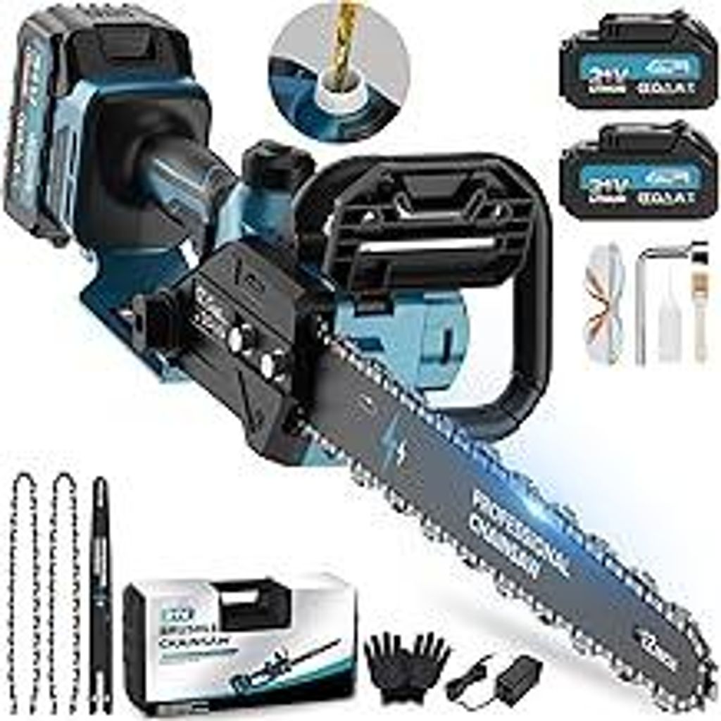 12-Zoll-Akku-Kettensäge, 2x4000mAh Kabellose Elektrokettensäge, Kabellose Astsäge für Gartengeräte, Holzschneiden, Heimwerken (1800W Brushless...