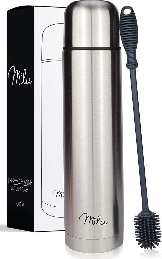 Milu Thermosflasche Thermoskanne Isolierflasche 1L - Isolierte Edelstahl Trinkflasche, 100% Auslaufsicher, Doppelwandisolierung 1000ml ( Edelstahl )