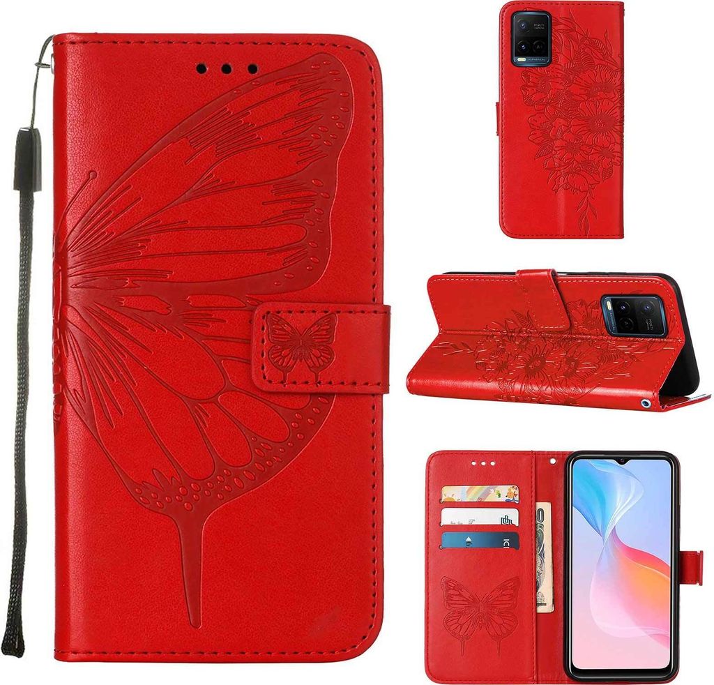 VIVO Y21 2021 Hülle, Schmetterling Prägung Flip Leder Kartenfächer Schutzhülle Ledertasche mit Ständer für VIVO Y21 2021 / Y33S Y21S Rot