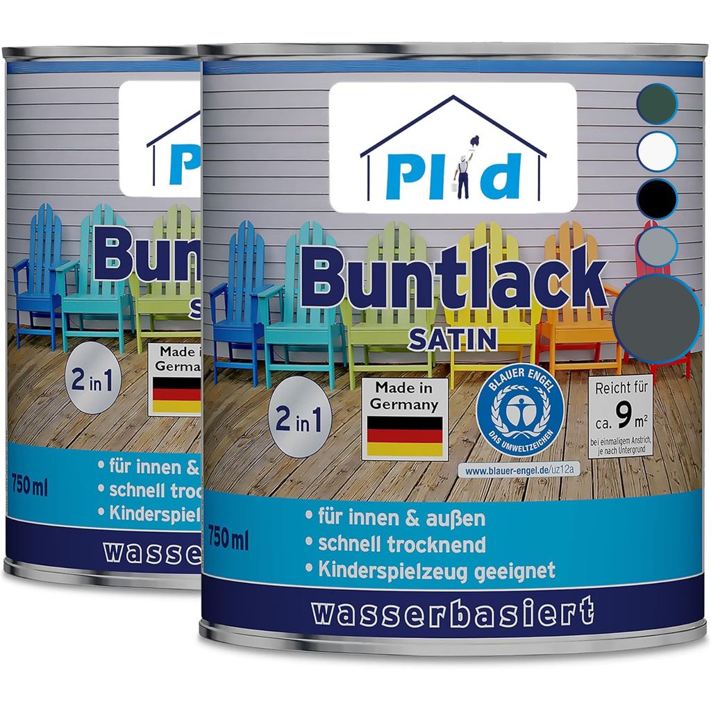 Plid Buntlack Außen 1.5l - Anthrazitgrau, für ca. 18m² - Holzfarbe außen & innen - Holzlack Außen wetterfest - Holzschutzfarbe Aussen & Innen