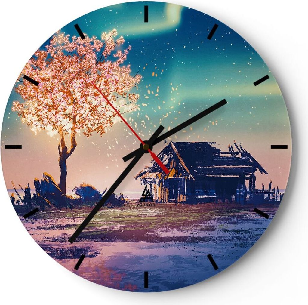 Wanduhr - Rund - Glasuhr - Baum Haus Nacht Sterne - 30x30cm - Schleichendes Uhrwerk - Lautlos - zum Aufhängen bereit - Dekoration Modern - Wanddek...