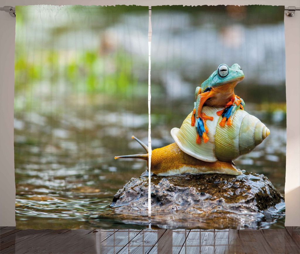 ABAKUHAUS Lustig Rustikaler Gardine, Frosch Oberhalb der Schnecke, Schlafzimmer Kräuselband Vorhang mit Schlaufen und Haken, 280 x 175 cm, Mehrfarbig