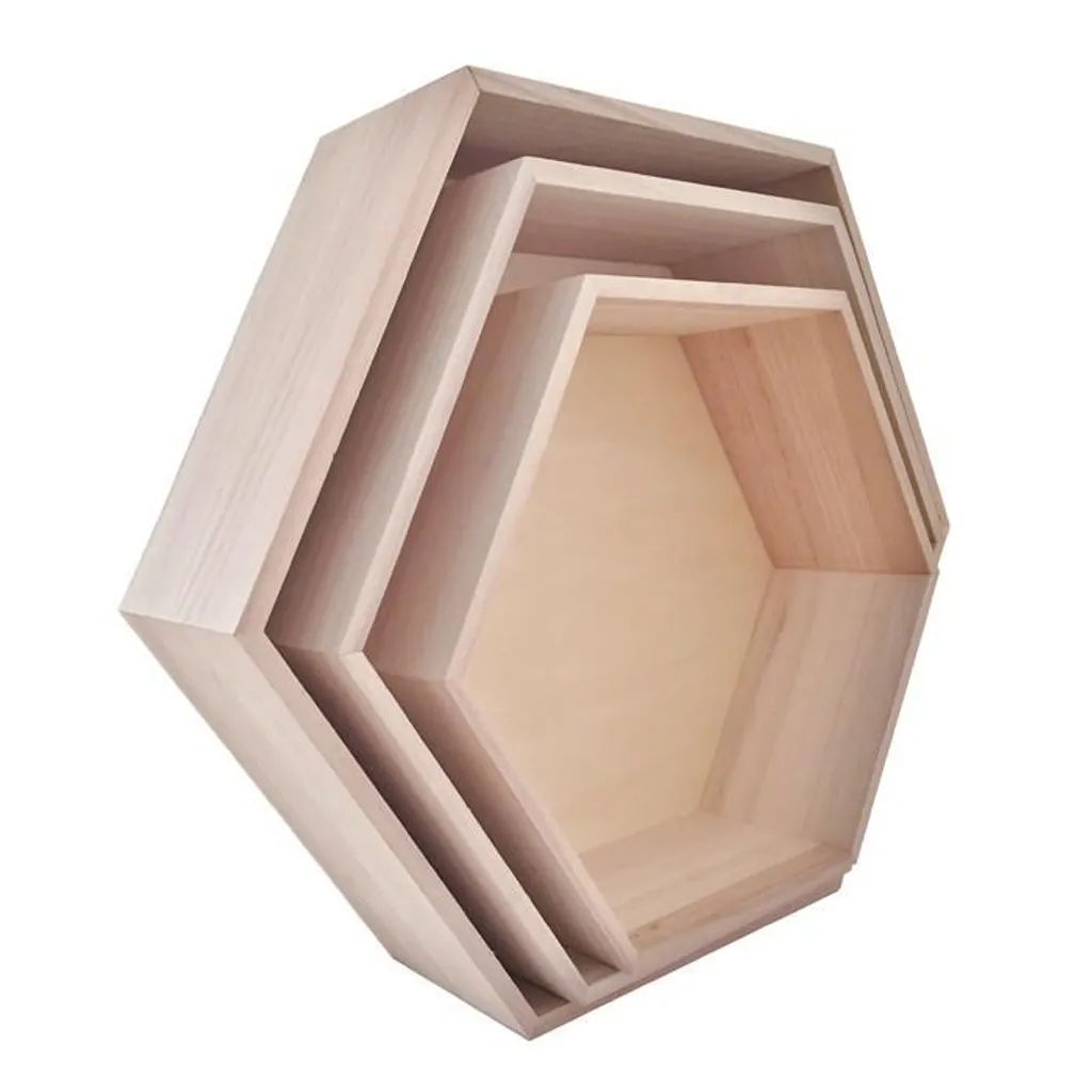 Étagère murale hexagonale en bois - Lot de 3 tablettes flottantes design