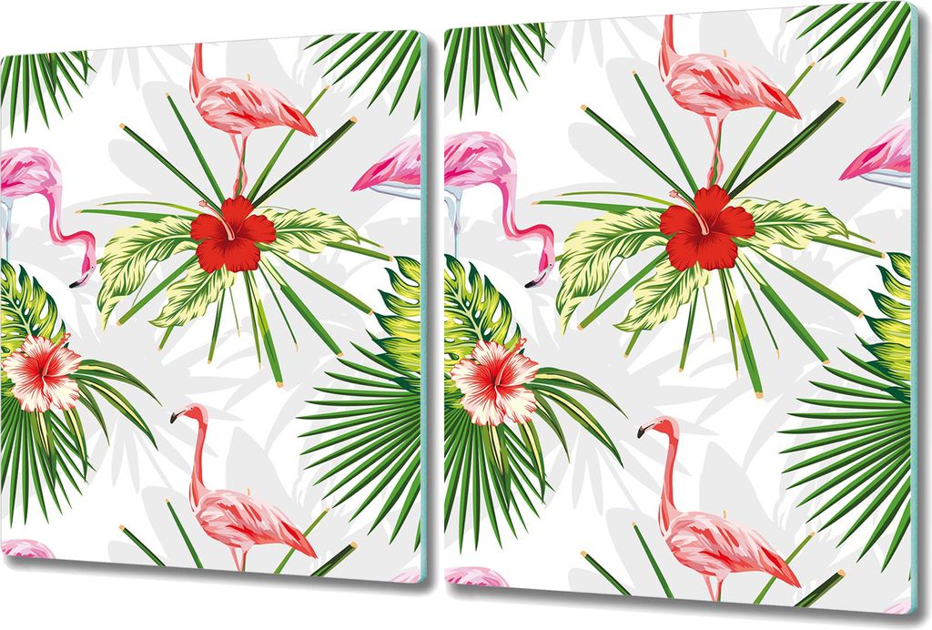 Glas-Herdabdeckplatte Glaskeramikkochfeld-Abdeckung Spritzschutz - 2x 40x52 cm - Flamingo & Pflanzen