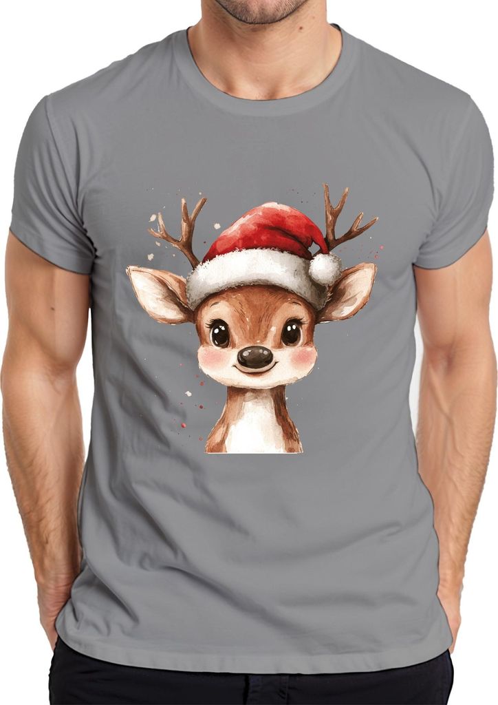 Weihnachtsrentier niedlich Aquarell Santa Hirsch Geschenk Herren T-Shirt, Grau, L
