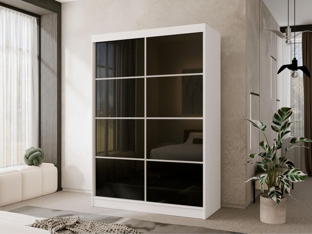 Eleganter Kleiderschrank mit Glasfronten Mira III 120 cm, 2-türiger weißer Schwebetürenschrank mit Ziersprossen, Kleiderschrank mit Einlegeböde...