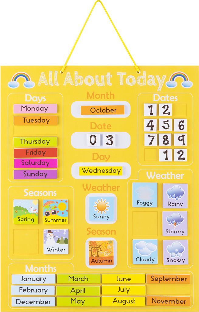 Navaris Kalender Tafel für Kinder - Lerntafel Jahreszeiten Uhr - Magnet Spiel Lernuhr - Kinderkalender Jahreskalender - magnetisch - gelb - Englisch