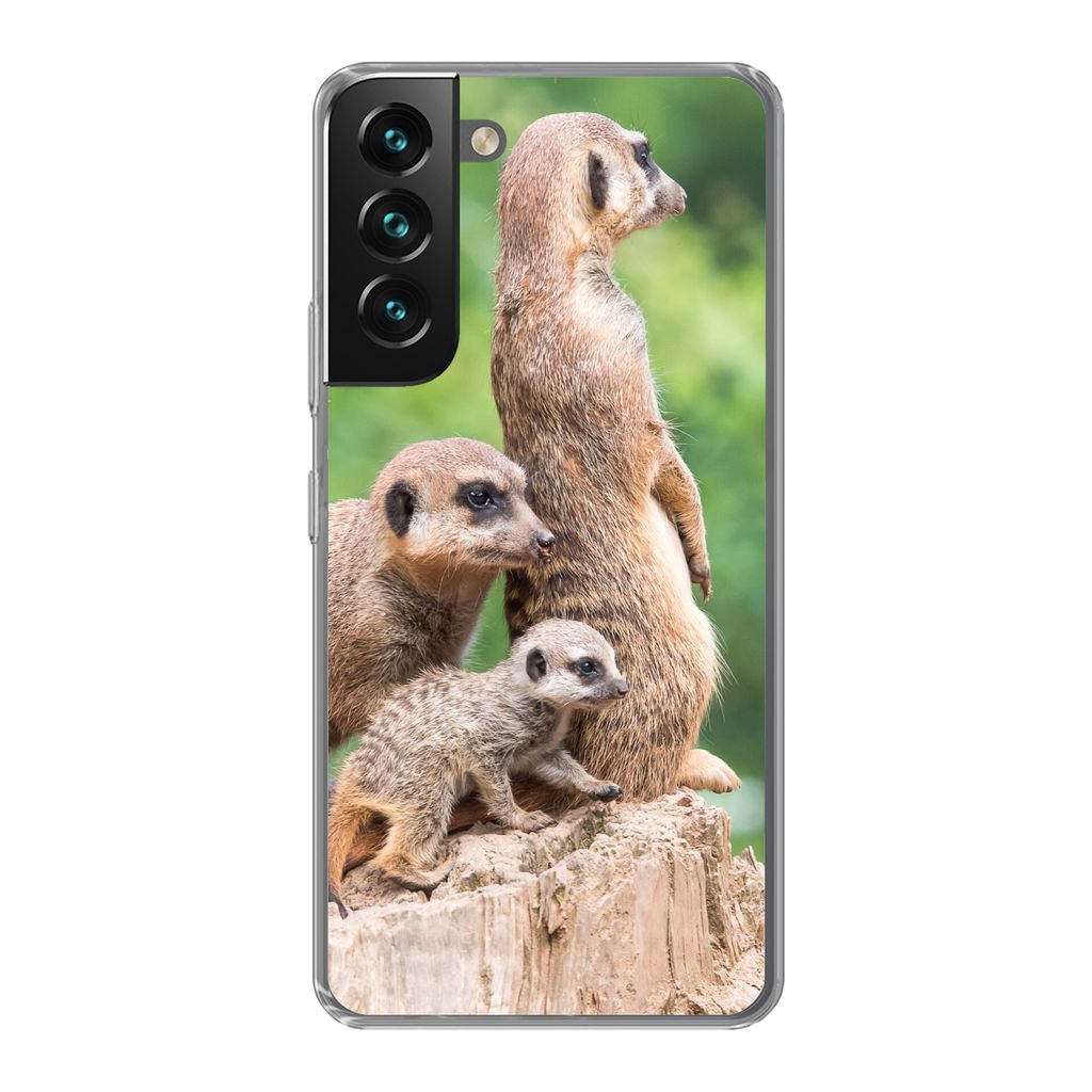 MuchoWow Handyhülle Schutzhülle Hülle für Samsung Galaxy S22 Plus Erdmännchen - Baumstumpf - Jungtier Silikon Softcase Handy Hülle - Schutz...