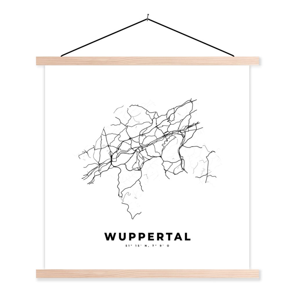 MuchoWow Textilposter Stadtplan - Deutschland - Schwarz-weiß - Wuppertal - Karte 120x120 cm mit holzfarbenen Rahmen - Textil-Poster