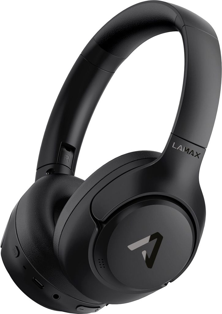 A black pair of LAMAX headphones is shown against a white background.