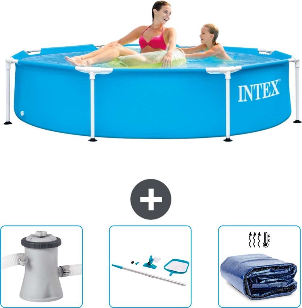 Intex-Schwimmbecken mit rundem Rahmen – 244 x 51 cm – Blau – im Lieferumfang enthalten Filterpumpe für Schwimmbad - Reinigungskit - Sonnensegel