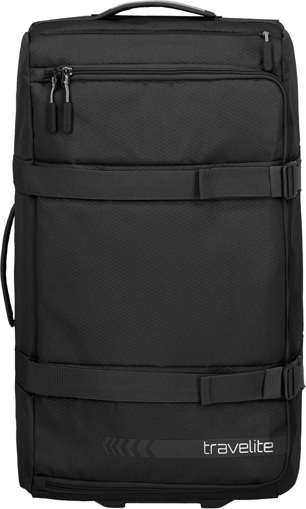 A black Travelite suitcase is shown against a white background.