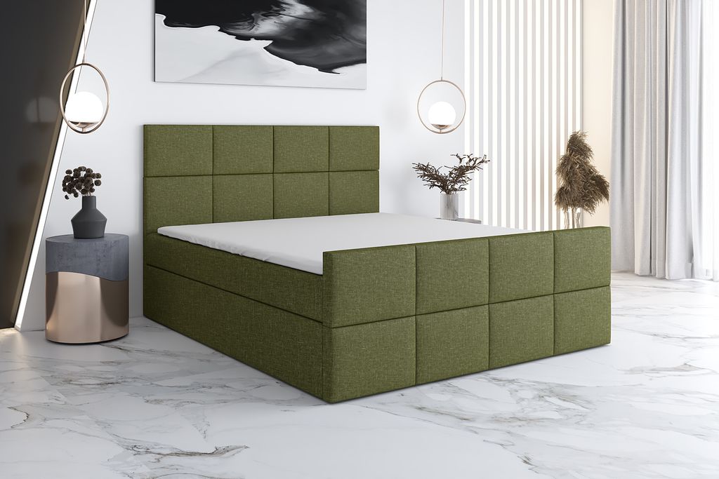 Boxspringbett TOKI 200x200 mit 2 Bettkästen, Bonell-Matratze und Topper. Farbe: Grün