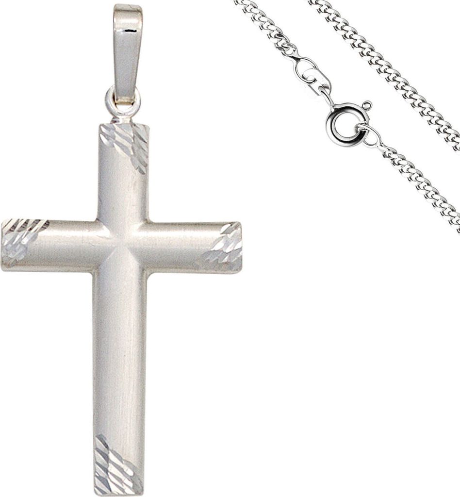 Schmuck-Set, Kreuz teilmatt mit 2mm Panzerkette aus 925 Silber Halsschmuck, 50cm