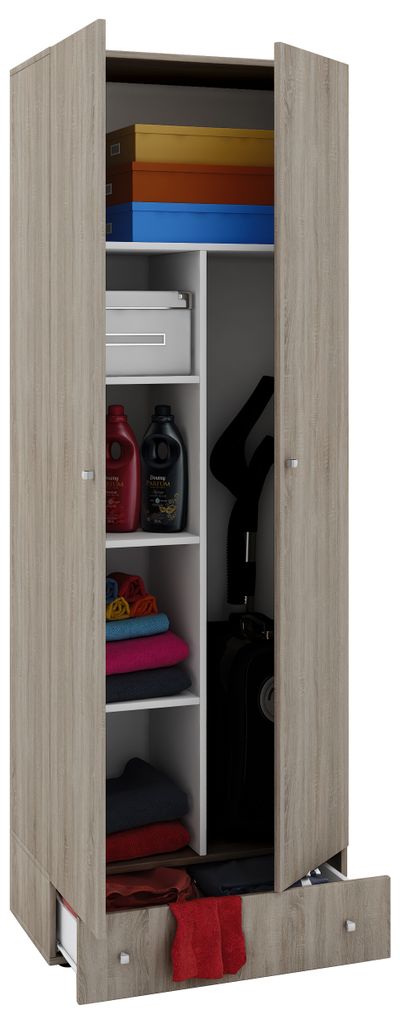 VCM Holz-Besenschrank | 6 Fächer | Maße: . B. 70 x H. 196 x T. 40 cm | Haushaltsschrank | Mehrzweckschrank | Extra Schublade - Vandol