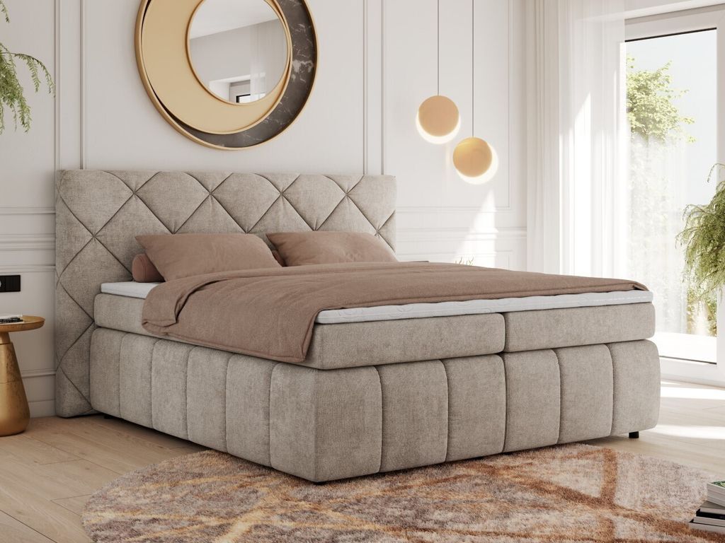 MKS MEBLE Boxspringbett 180x200 Beige Struktur Matratze H4, Polsterbett 180x200, Bett 180x200, Boxspringbett 180x200 - Rita