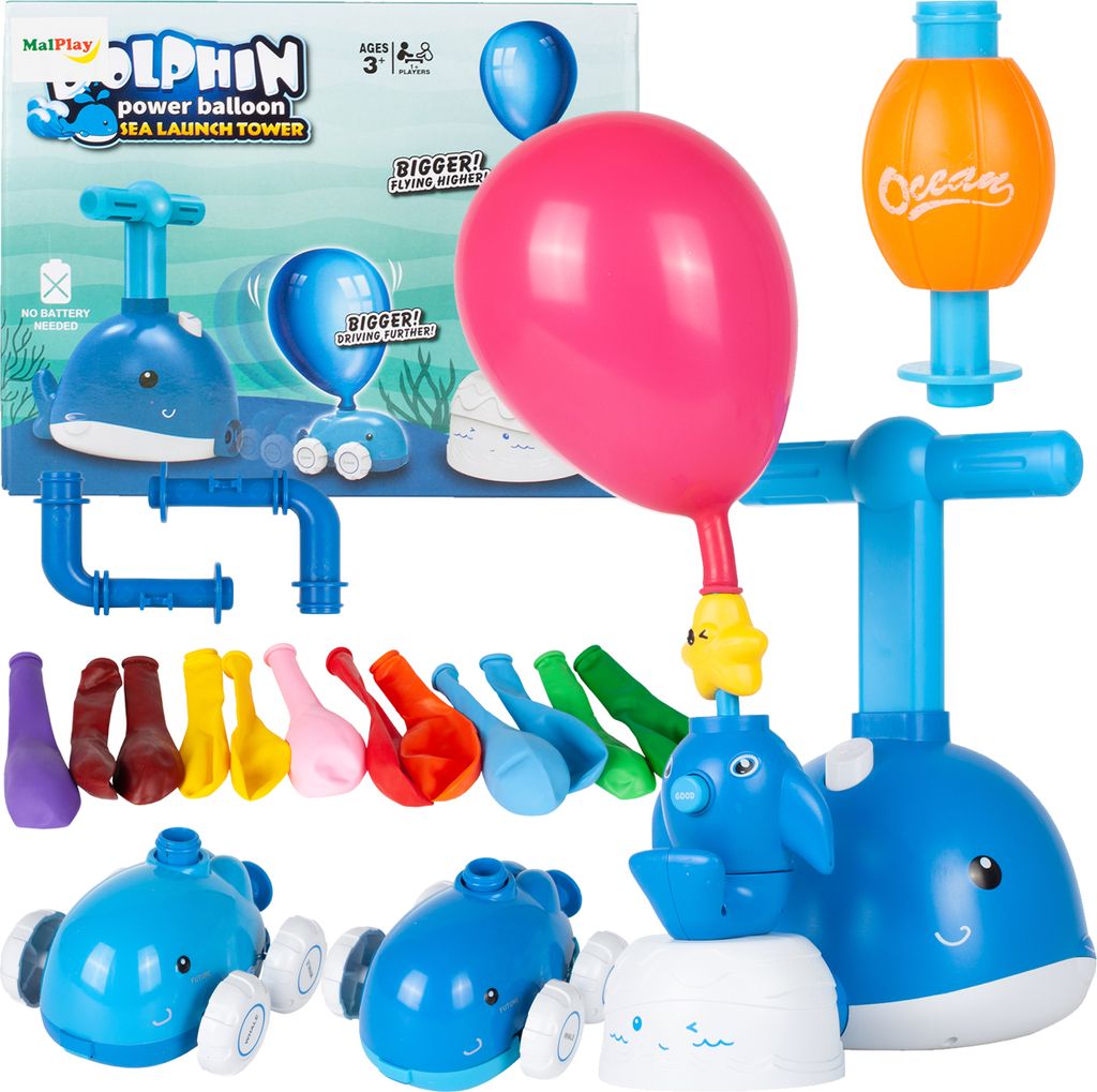 Malplay Kinder Ballon Auto Spielzeug Delphin Trägheitsspielzeug Kreativspielzeug 12 Luftballons und 2 Autos Geschenk für Kinder ab 3 Jahren