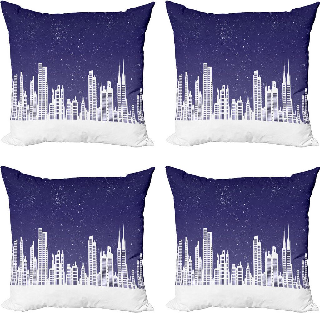 ABAKUHAUS NYC Kissenbezug Set (4 Stück), Skyline von New York Sternennacht, Moderner Doppelseitiger Digitaldruck, 50 cm x 50 cm, Dark Indigo und W...