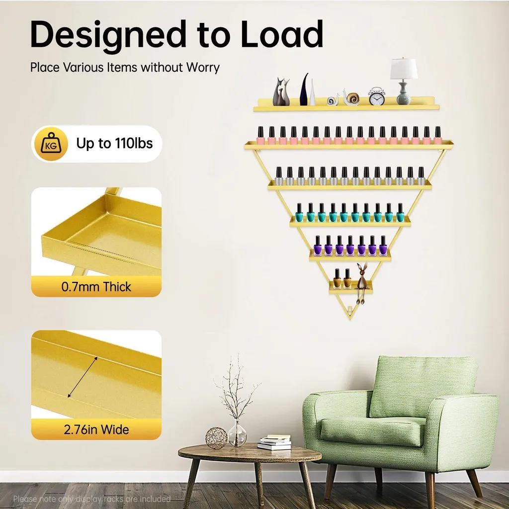 Solution rangement mural design - 6 Étagères triangles dorées robustes