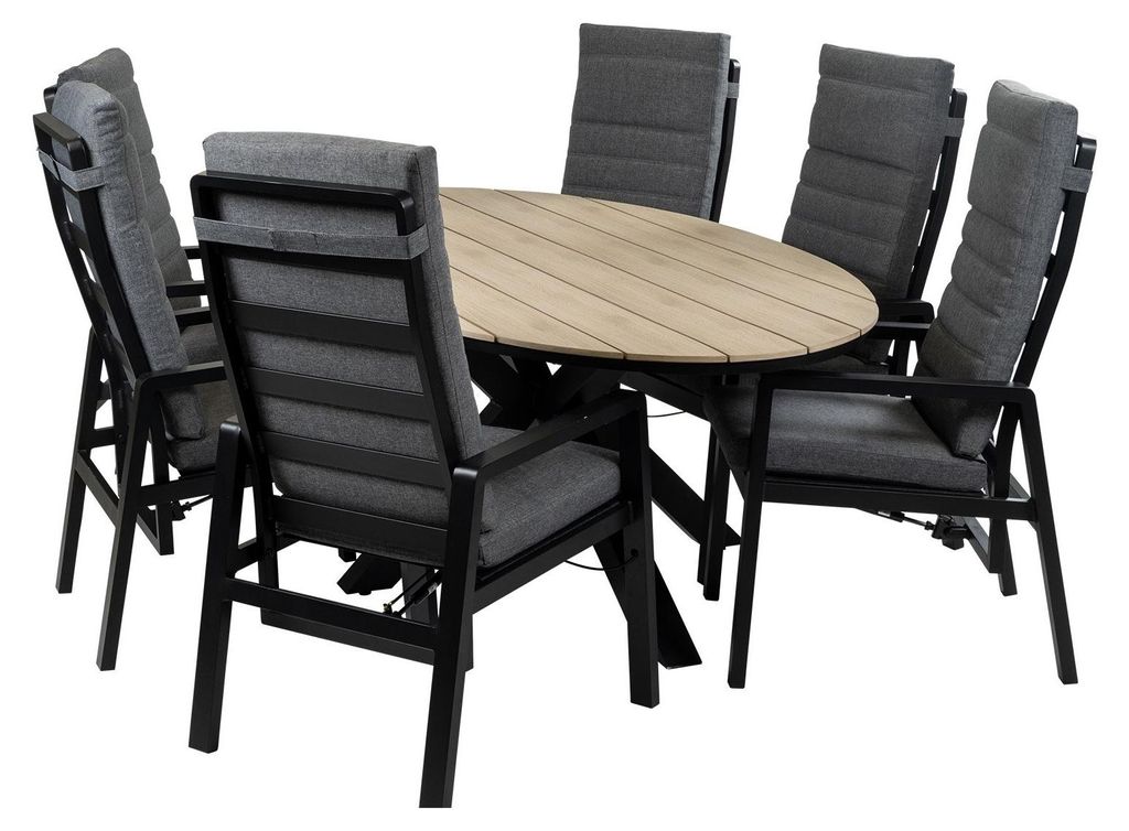 7-teiliges ovales Garten-Set | 6 Berlin Gartenstühle (Schwarz) | Gartentisch Limasol 220 cm (Wood)