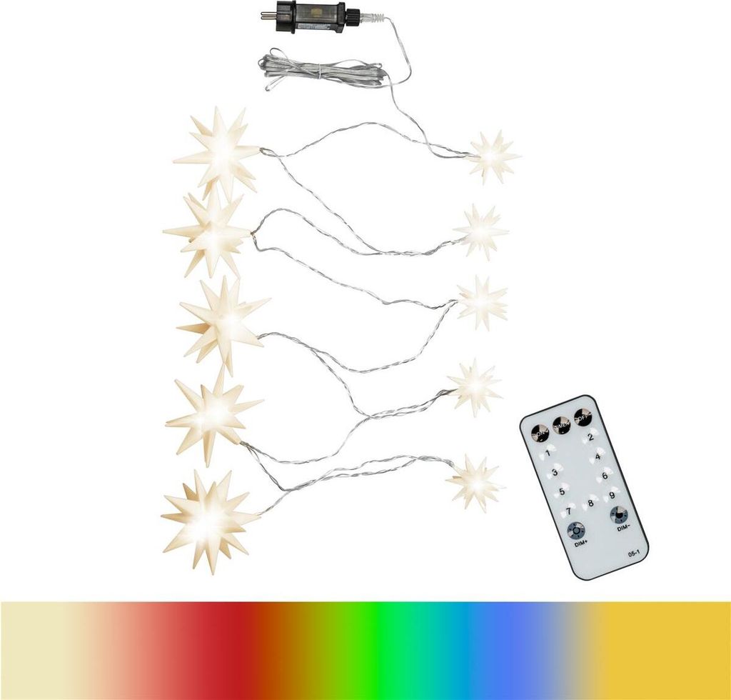 A string of star-shaped LED lights with a remote control, presented on a white background.