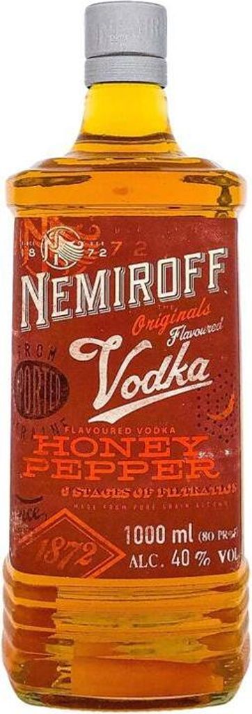 A bottle of Nemiroff Vodka Honey & Pepper.