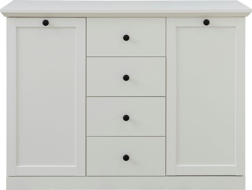A white sideboard with drawers and doors, against a white background.