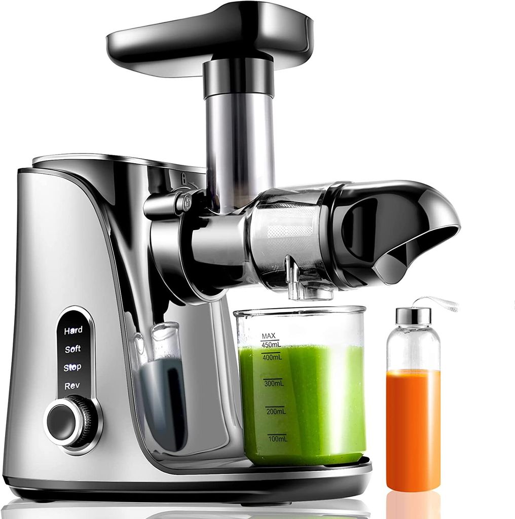 AMZCHEF Slow Juicer Entsafter mit 2 Geschwindigkeitsmodi, Gemüse und Obst Entsafter mit Tragbare Flasche und 2 Tassen, mit LED-Anzeige BPA Frei